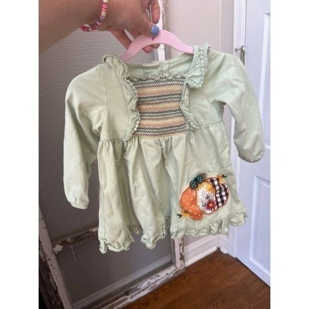 Infant Knit Smocked Applique‎ Green Dress pumpkin 24 months